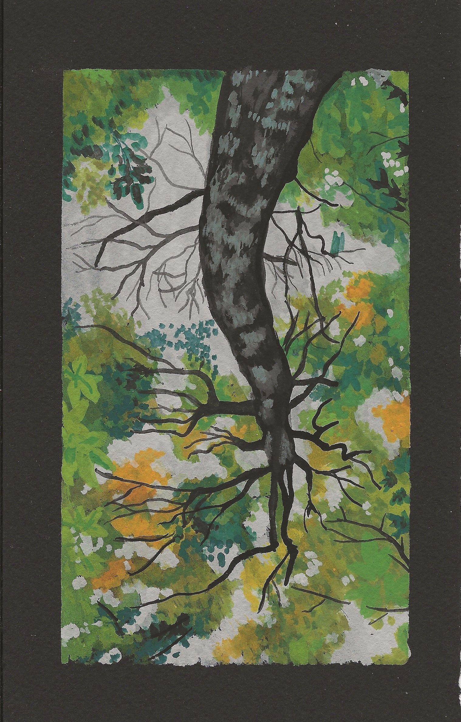 A gouache painting of a mighty tree from the view of a small being below.